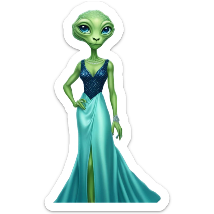 reptilian green alien woman, in long slim pastel blue formal party satin dress with gradient shiny sparkling navy blue diamonds embroidered, full body full figure sticker