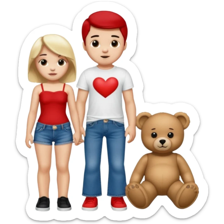 A boy and a girl teddy bear for the boy bear put on true religion shirt and jeans with black shoes and for the girl put flare jeans and a red tube top and white shoes just bears not the humans  sticker