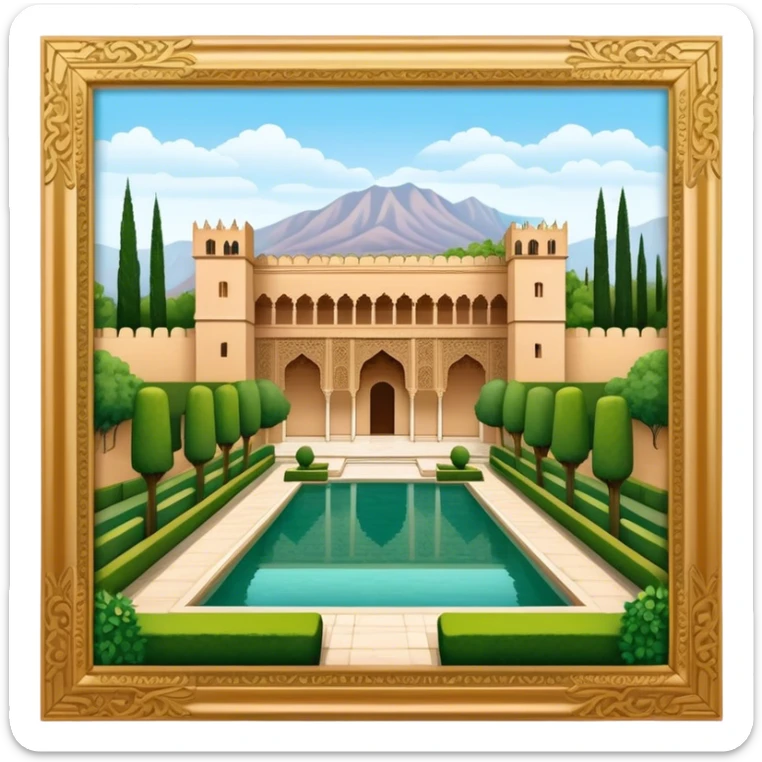 Cinematic Realistic Alhambra Landmark Emoji, showcasing the ornate historic palace with lush gardens rendered with rich textures and soft, majestic lighting. sticker