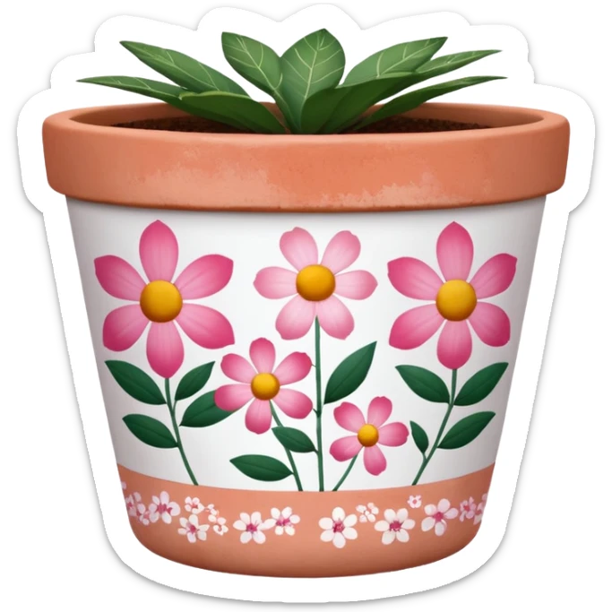 plant pot in terra cota with white and pink flowers print painted on the pot  sticker