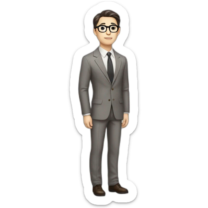 Full height Pale skinned Fit Man With dark brown hair in classic gray suit, beige office shirt, dark gray tie, and vintage glasses. His hands lock sticker