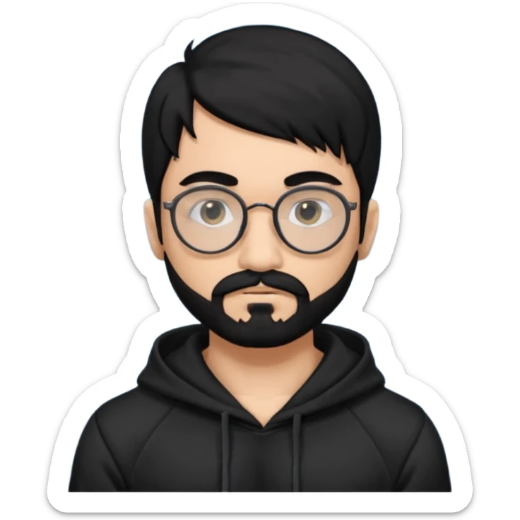 Man, hispanic skin, black hair, black beard, black mustache black eyes black t hoodie, small nose, long emo hair, muscular , round glasses sticker