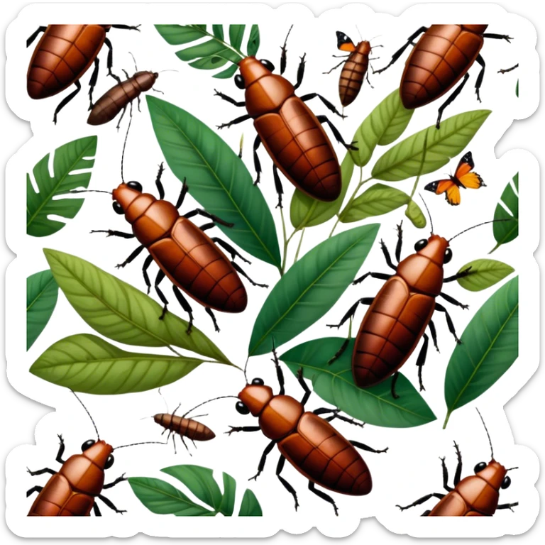Close-up of giant Madagascar hissing cockroaches, butterflies, and stick insects in their natural habitat. The insects are shown in detail, highlighting their unique textures and colors, surrounded by plants and leaves. Soft lighting to enhance their features. Transparent background. sticker