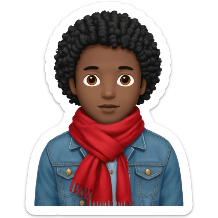 black skin man, curly black hair wear big red scraft, jean jacket sticker