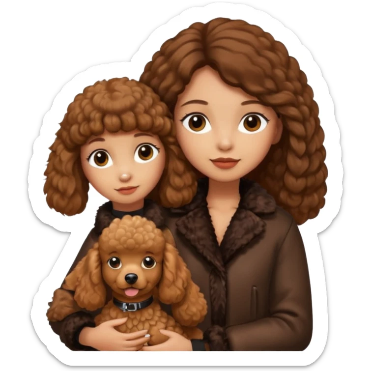 A girl who has long brown straight hair and wears a fur jacket holds a brown poodle sticker