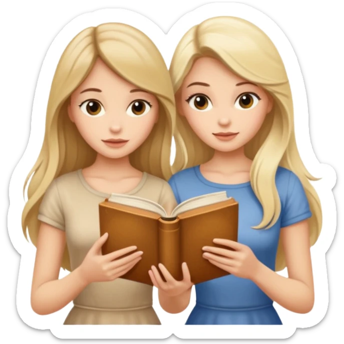 two beautiful girls in beige tops reading a beautiful vintage book. one brunette, the other blonde. both with long hair with sticker