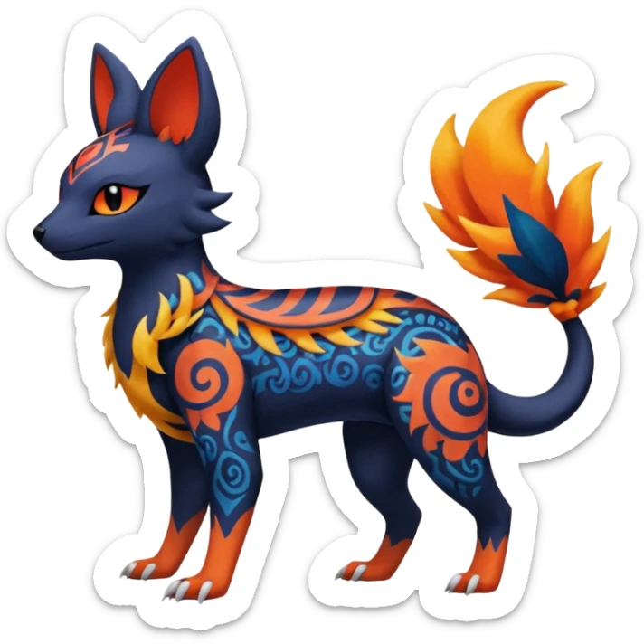 
Canine-Litten-Amaura-Salandit-Noibat-Flareon-Fakémon-fusion (full body) with intricate patterns sticker