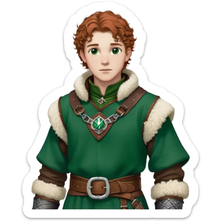 Medieval winter outfit worn by a DnD themed fantasy male character. Rich brown leather-trimmed wool tunic with sheepskin lining, featuring intricate metal buckles at the collar, paired with a heavy braided belt. Clothes only above the waist, full waist coverage. The character has no arms. Character is white-skinned with auburn hair, emerald green eyes, and short curly hair beneath a light dusting of snow. sticker