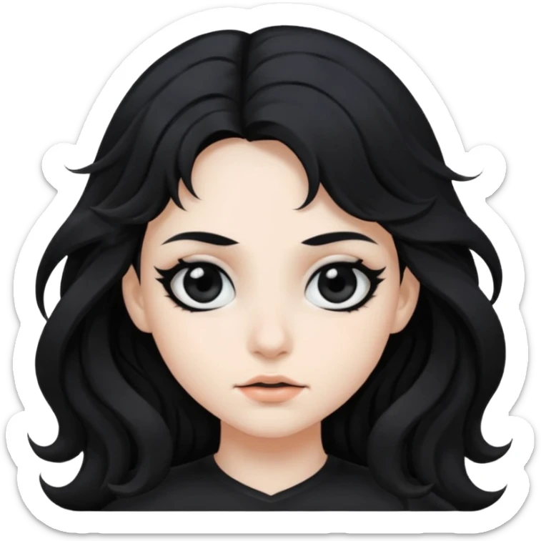 Crea una ragazza con stile black metal, capelli neri mossi dalle spalle e occhi bianchi sticker
