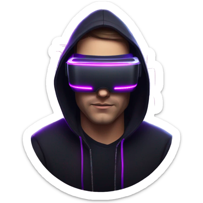 Russian man wearing a black hoodie with "OMG" letters on it and VR headset in a cyberpunk VR environment with violet neon lighting. sticker