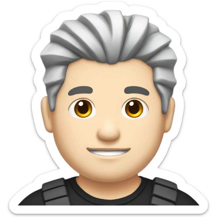 chubby chinese guy with fair skin and gray hair, man bun, black shirt and bass guitar sticker