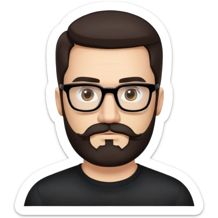 Caucasian male, long-length hair straight dark brown hair combed back, thick dark eyebrows, rectangular black eyeglasses, full beard and mustache neatly groomed, neutral facial expression, wearing a black crew neck shirt. sticker