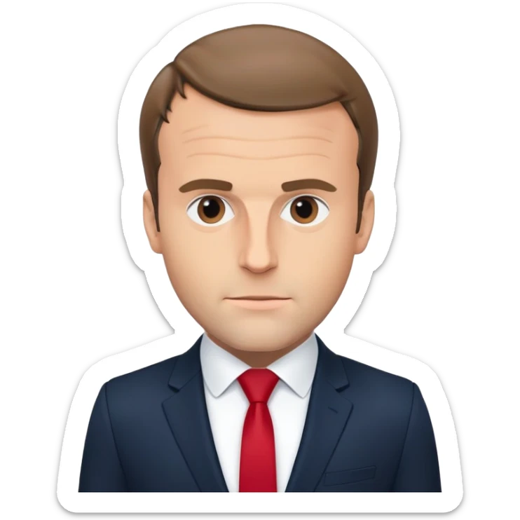 figure of Emmanuel Macron with an oversized head and small body, standing, wearing a dark navy suit and red tie, highly recognizable face, simplified details sticker