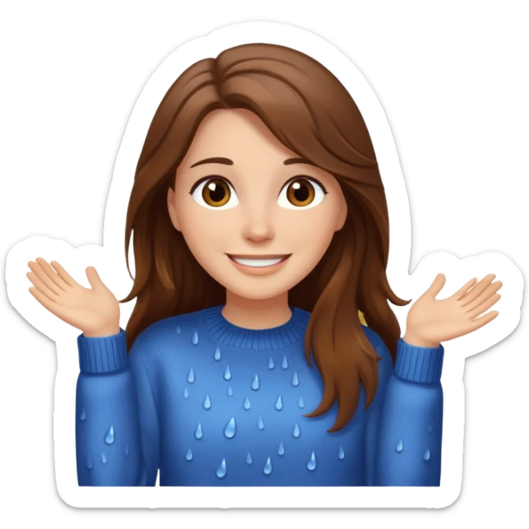 white woman with long brown hair and brown eyes, wearing a sweater, enjoying the rain sticker
