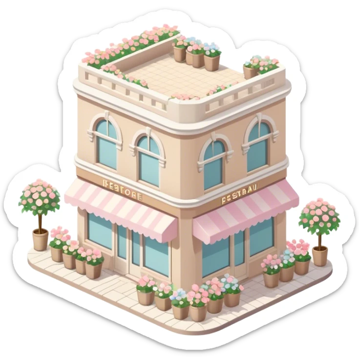 isometric exterior little beige and white restaurant with abundant pastel florals everywhere sticker