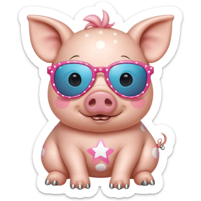 cute pig wearing  star-shaped sunglasses and polka dot bathing suit on all fours with nail polish, with a name tag saying hi my name is gerald sticker