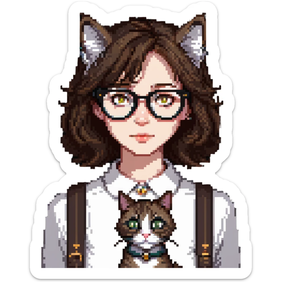 Cat-lady with dark brown hair, square glasses, hazel eyes, and pale skin sticker