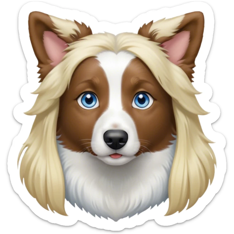 pale girl with blue eyes and long blonde hair and black white Australian shepherd with perked up ears sticker