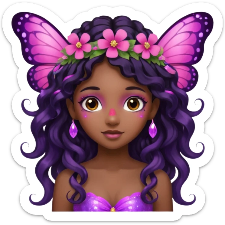 Black girl fairy with long wavy black hair, pink and purplered butterfly wings sparkly sticker