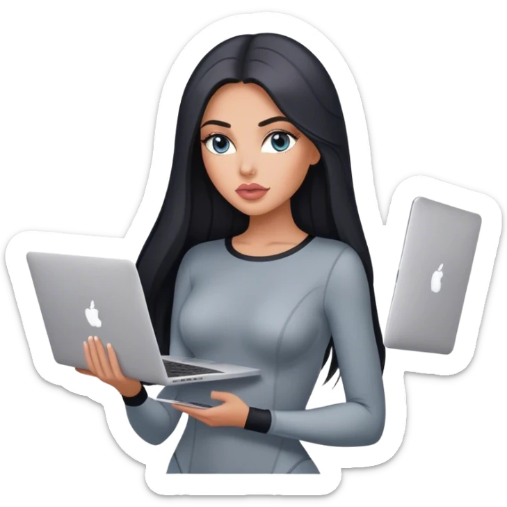 Glamours, tanned, very beautiful girl, with big pump peach-beige-rose lips, black straight smooth silky long hair, straight parting, blue-grey eyes, in grey bodysuit holding MacBook sticker