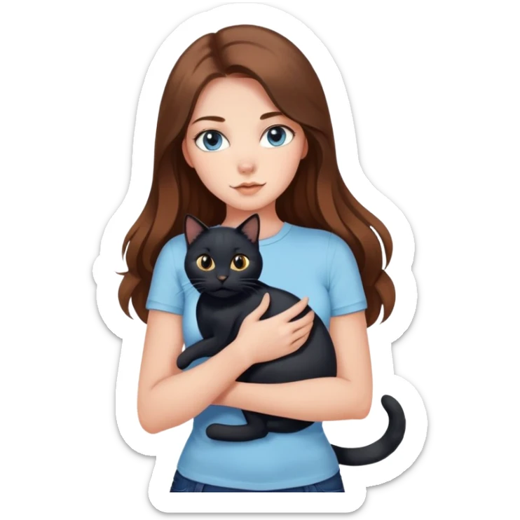A sexy girl with long hair wearing a light blue tight short-sleeved shirt holding a black cat sticker
