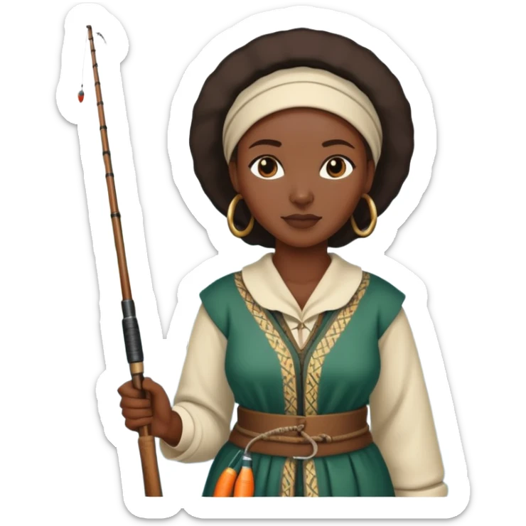 African woman fishing in the river, traditional clothing, holding fishing rod sticker