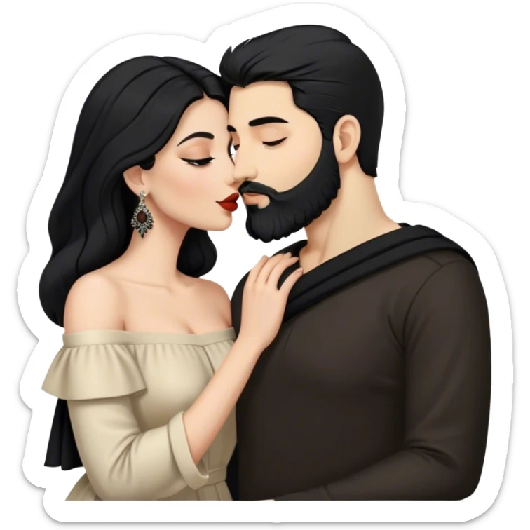 Kissing the Lebanese white skinned man with black hair and beard dressed in all black, and the Palestinian woman in an elegant off-shoulder cream-colored outfit with a handbag. sticker