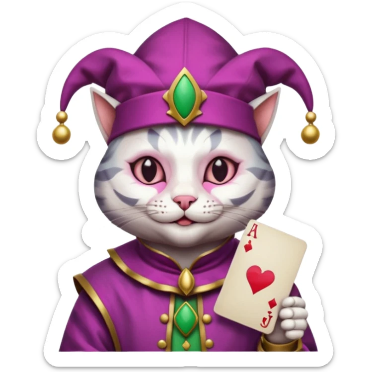court jester cat medieval, single poker card joker clearly visible, pink, face only, round badge,  court jester cap sticker