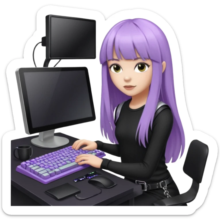lilac girl with long hair and bangs worker and acessories with a pc worten the clothes black like an alternative sticker