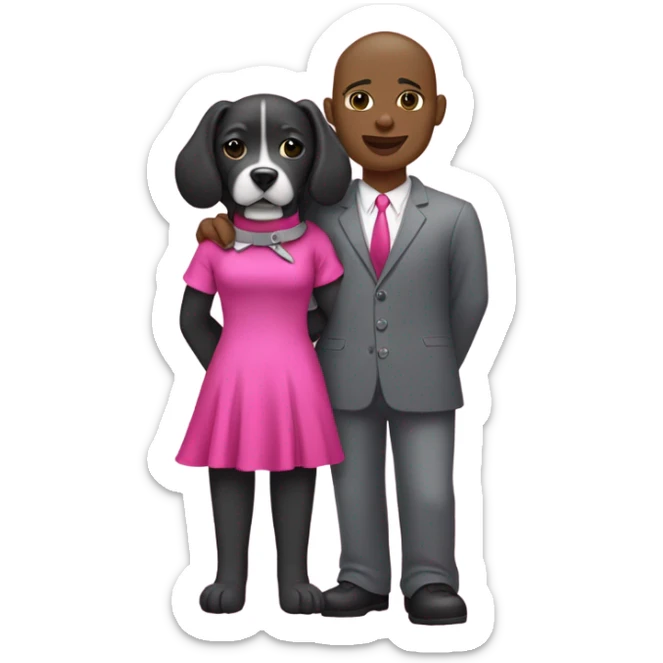 Black lady with black hair wearing hot pink dress hugging all grey pitbull with pink collar sticker