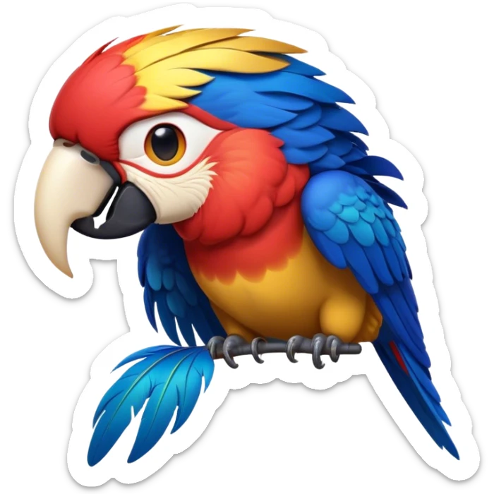 Cinematic Realistic Noble Macaw Portrait Emoji, Poised and majestic, with a robust, vibrant build and meticulously detailed plumage in scarlet, deep blue, and touches of gold, a strong, curved beak and piercing, intelligent eyes, rendered with lifelike feather texture and natural lighting, high shine, commanding and regal, styled with an air of tropical authority, focused and attentive, soft glowing outline, capturing the essence of a watchful and confident macaw that appears ready to soar out of the screen with effortless splendor! sticker