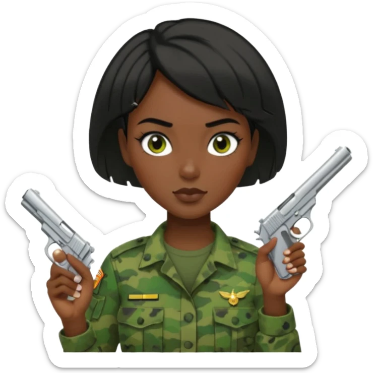 Dark skin Woman marine in green cammies with one handgun short black hair sticker
