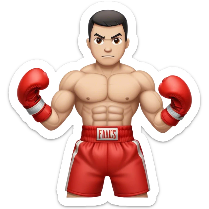 A locomotive train with human-like muscular arms, wearing red boxing gloves, standing in a fighting stance, determined expression, cartoon-style. sticker
