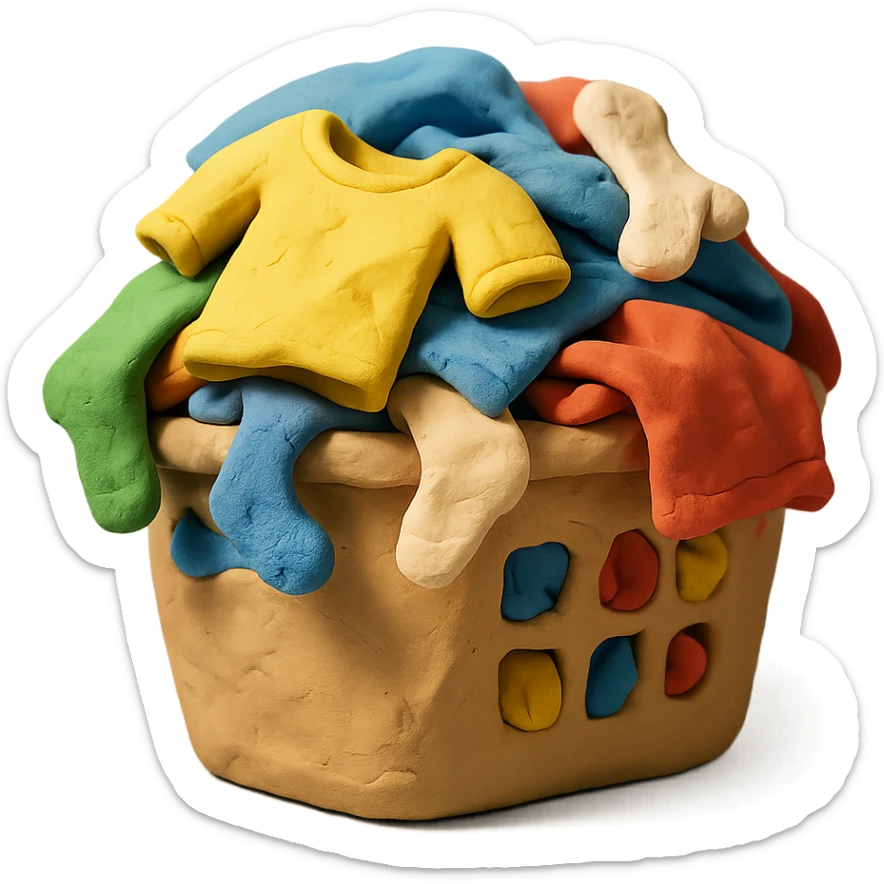 overflowing laundry basket, mix of socks and t-shirts, playful look, claymation style sticker