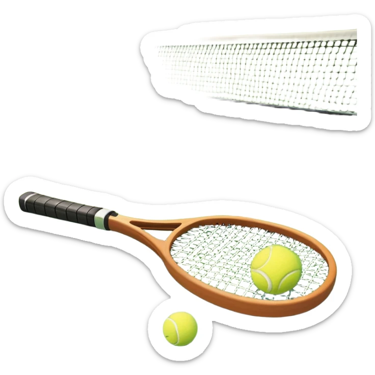 A tennis racket resting on the green grass of a tennis court, with a tennis ball placed nearby and the net stretching across the court. The background captures the fresh, open atmosphere of a traditional grass court, emphasizing the elegance and precision of the sport. sticker