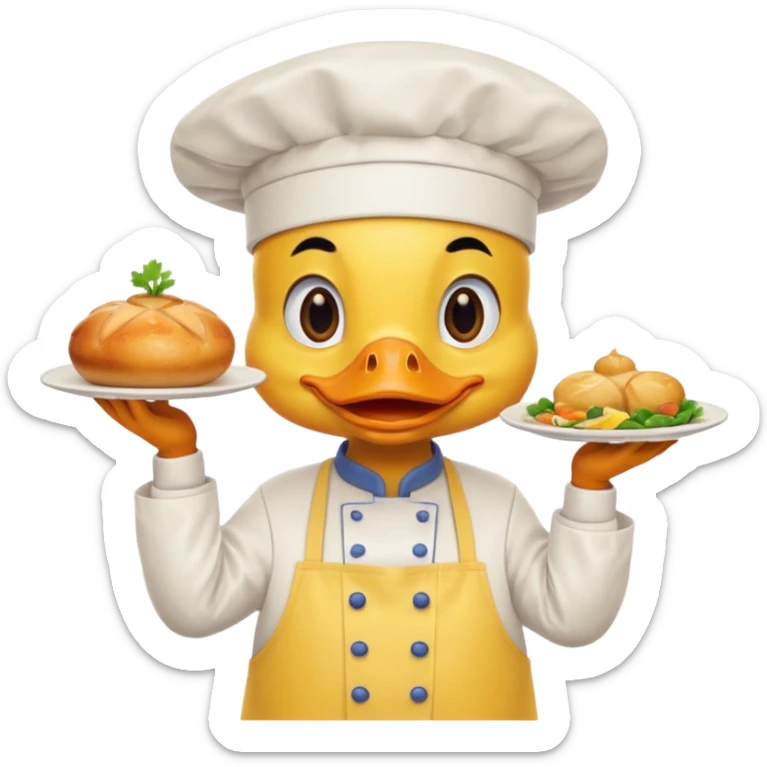 A duck in chef hat presenting a plate of fancy cuisine proudly wearing yellow apron sticker