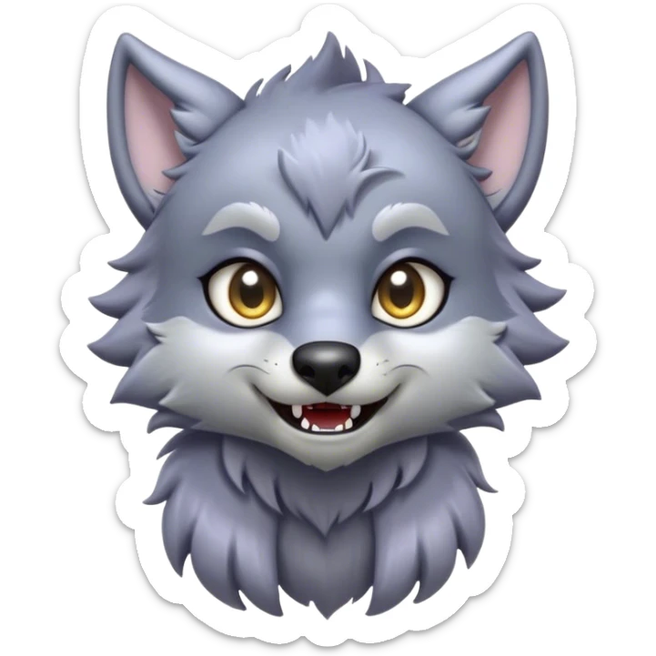 Cinematic Cute Werewolf Portrait Emoji, with a cuddly, miniature lupine form in soft moonlit grays and silvers, featuring oversized sparkling eyes and a sweet, endearing snarl, simplified yet irresistibly adorable, highly detailed with a gentle glowing outline that captures the playful, heartwarming essence of a little werewolf! sticker