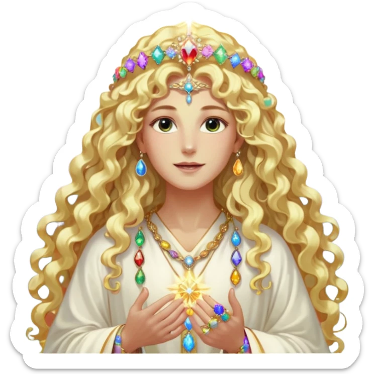 a being made of light pleidian nordic long faces and curly huge thick blond hair but beautiful features of light wearing jewels and a rainbow halo like a saint arount her a robe on made of light and gem  transparent belly dancer and who is lanky holding a bouquet of crystal flowers on rainbow fire sticker