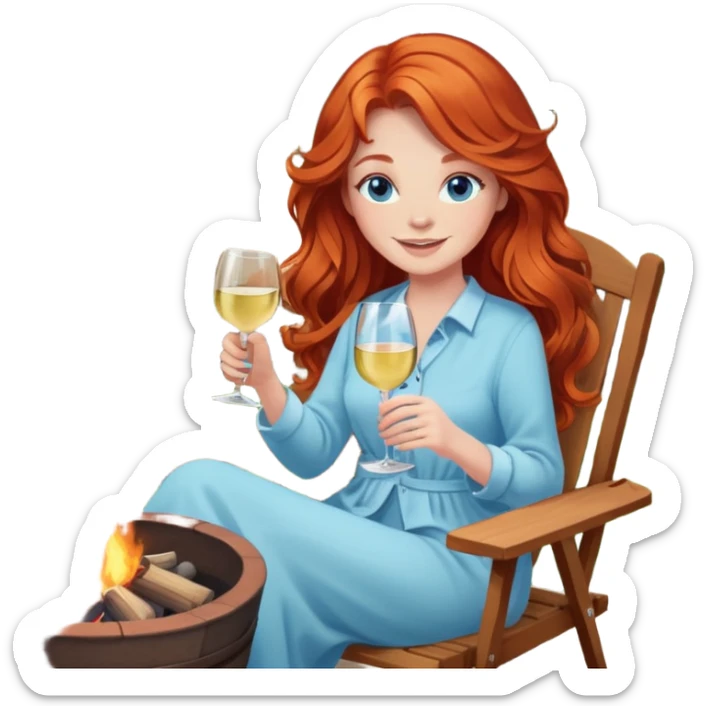 Happy redhead with long hair and blue eyes holding white wine sitting in chair beside fire pit in backyard sticker