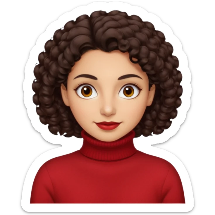 30 yr iranian woman dark brown hair curly wavy short hair, red turtle neck sweater, very thick eyebrows, light skin, dark brown eyes, small smile sticker