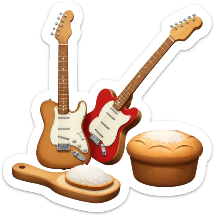 a bottle of salt (salt shaker) and a loaf of peasant bread with a small electric telecaster guitar - still life composition sticker