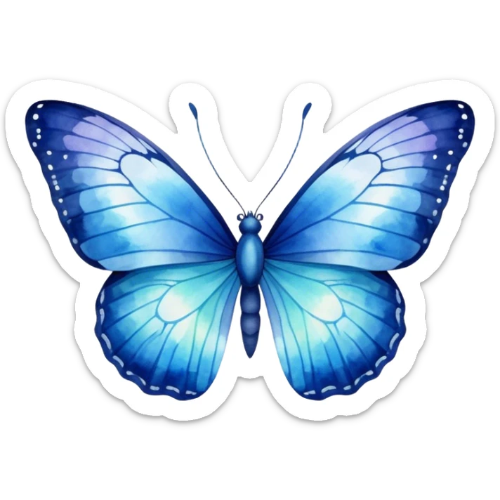A majestic butterfly with wings in shades of deep navy, sky blue, and soft pastel azure, delicate watercolor texture." sticker