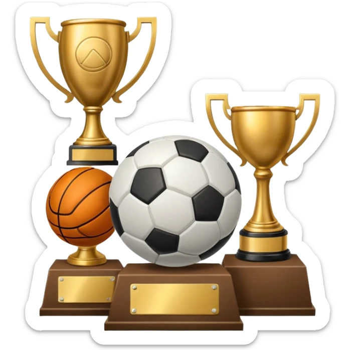 a basketball, soccer ball, volleyball, and a football all mixed with a trophy sticker