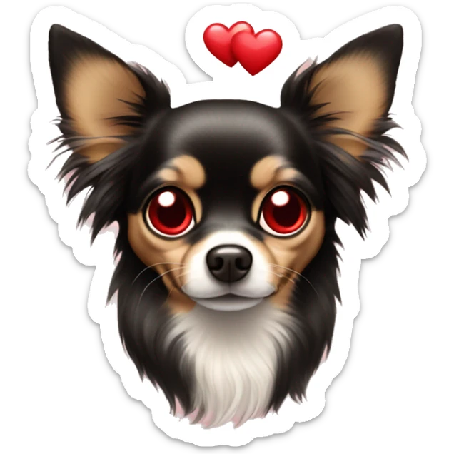 black and tan long-haired chihuahua with red heart covering each eye like love emoj sticker