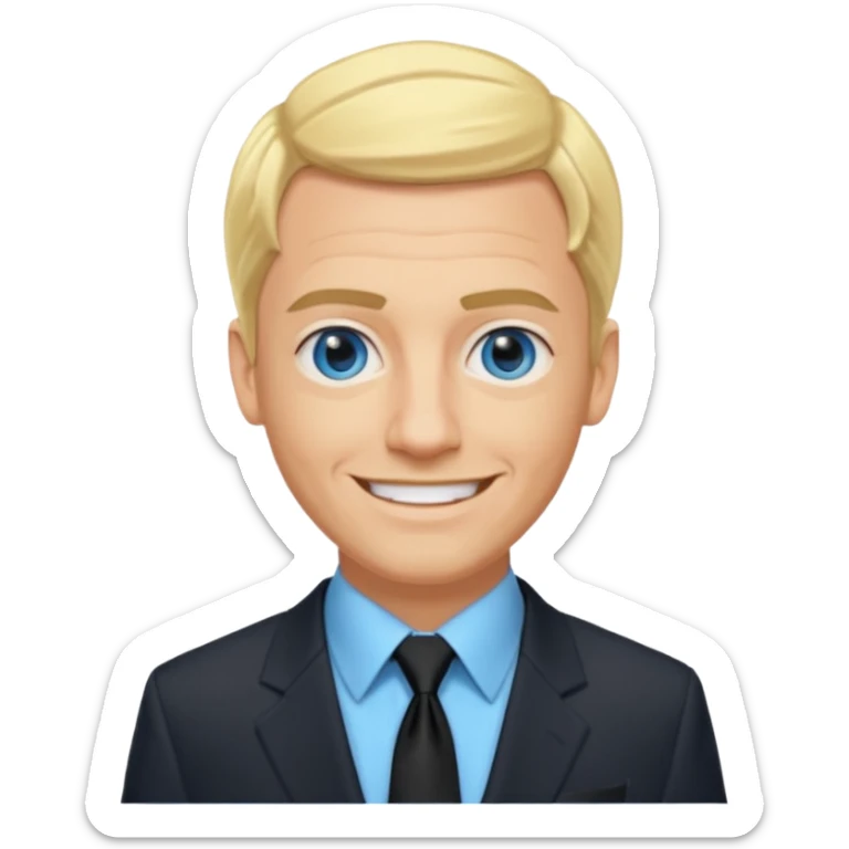 David Carlton from Ali G Indahouse with blue eyes, blonde hair, icy blue dress shirt with black tie, black suit jacket sticker