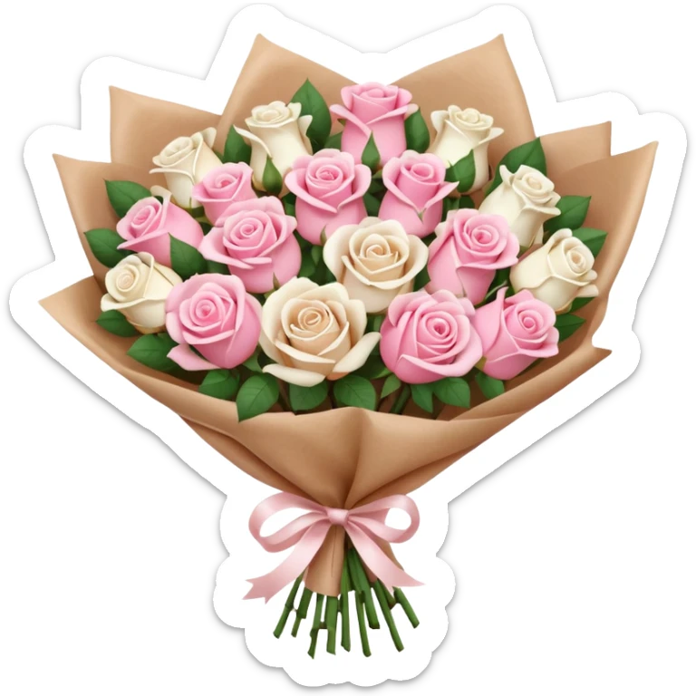 A brown paper-wrapped bouquet of pink and white fresh roses and baby’s breath sticker