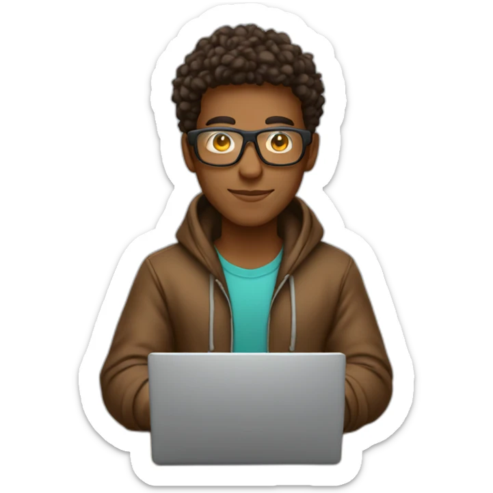 Brazilian guy brown skin with hoodie and glass working on a laptop he is a developer sticker