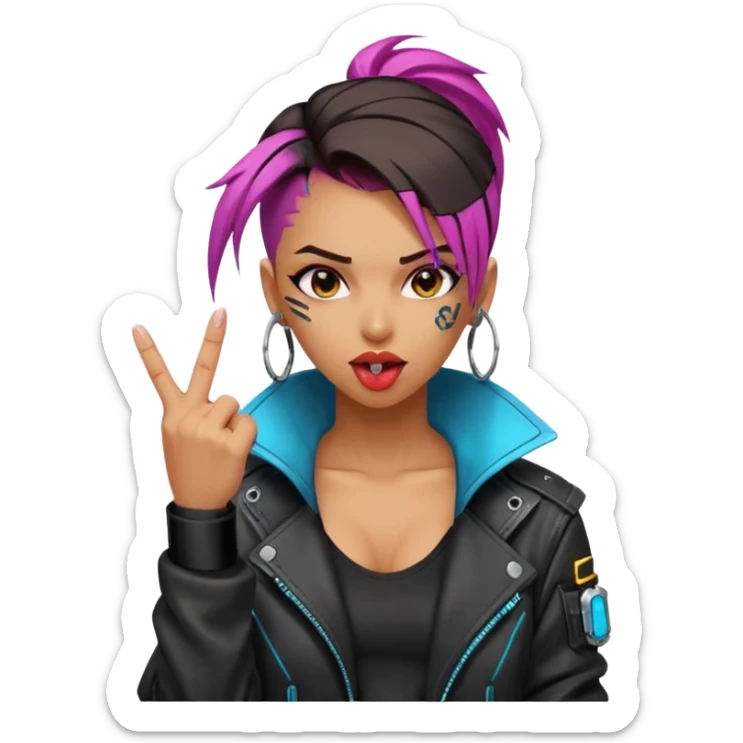 Woman with her tongue out in cyberpunk clothing and giving the middle finger. Looking naughty. sticker