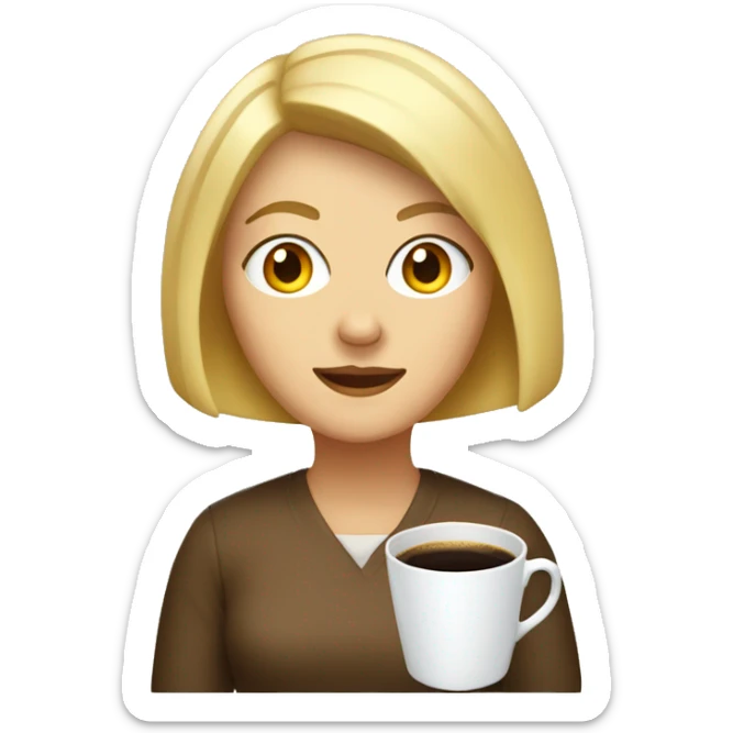 white woman with blonde bob parted in the middle, with a cup of coffee and a light bulb sticker
