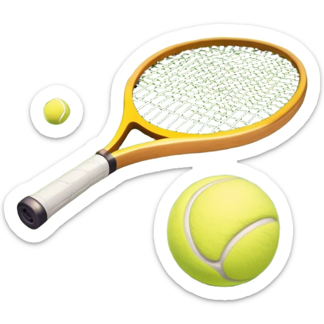 A tennis racket and ball placed on the grass court, with the lines of the court clearly visible in the background. The scene captures the essence of the sport, highlighting the equipment and the vibrant, open atmosphere of a tennis match sticker